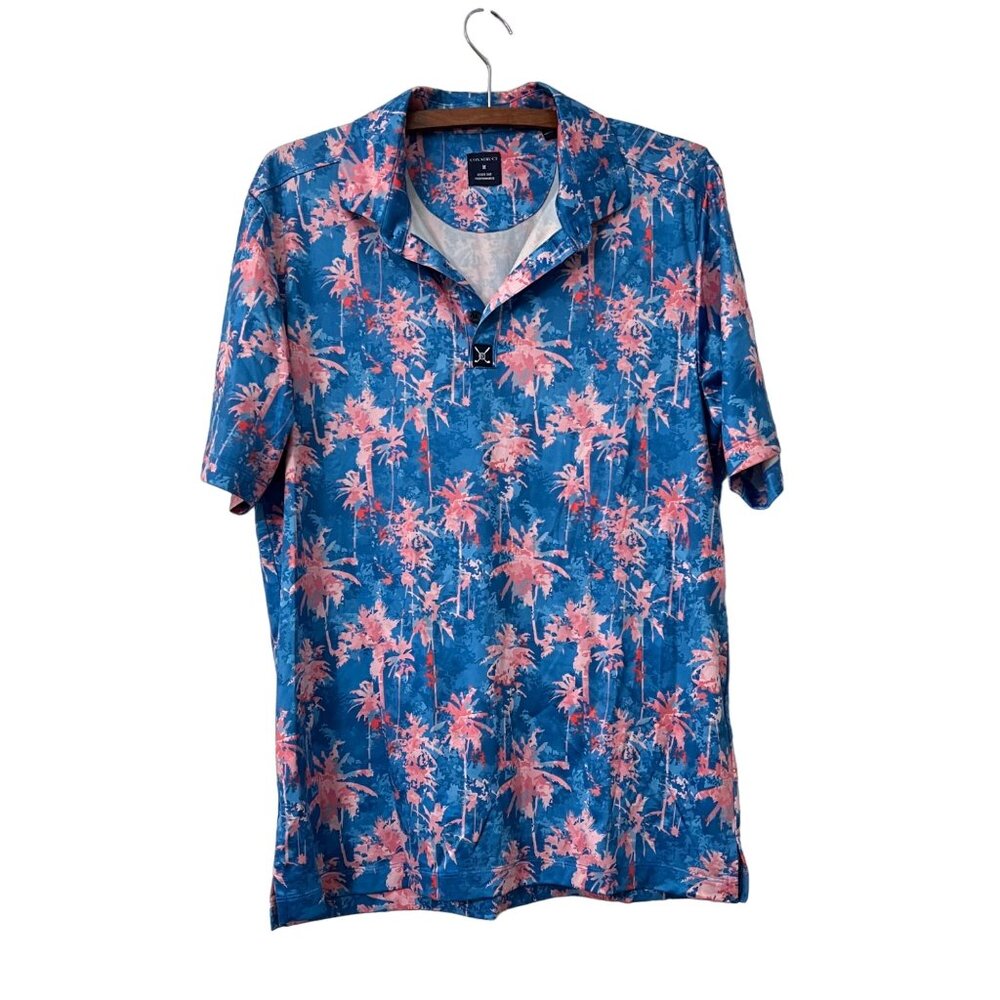Con.struct Mens Pink Blue Tropical Palm Trees Performance Polo Shirt Size Medium